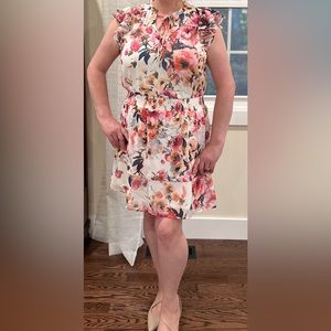 Petite printed split neck flutter-sleeve fit and flare dress. Petite large